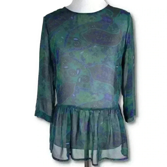 Vince Womens top size M multicolored 100% silk Paisley sheer peplum - Picture 10 of 10